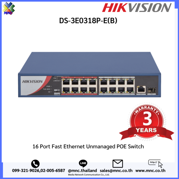 DS-3E0318P-E(B), HIKVISION16 Port Fast Ethernet Unmanaged POE Switch ...